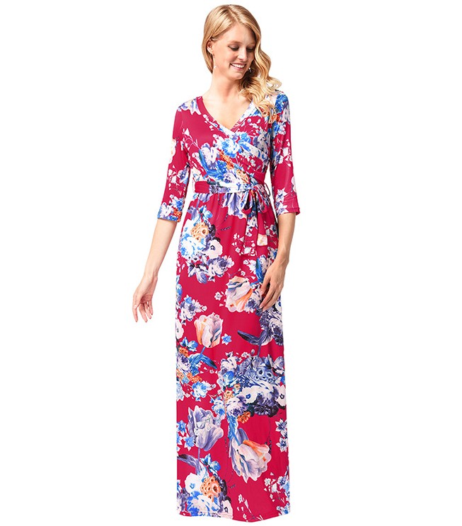 SZ60136-1 Floral Print Long Dress Short Sleeve Empire Flower Maxi Dresses